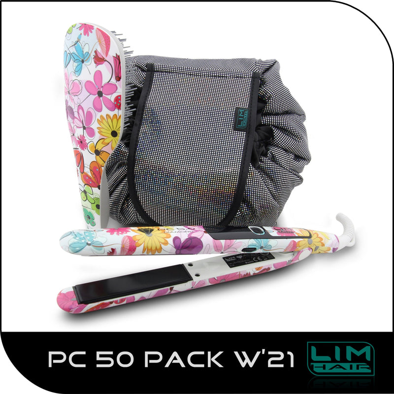 LIM HAIR PACK 5.0 W 21 PLANCHA + CEPILLO ESTAMPADO FLOWERS + BOLSO