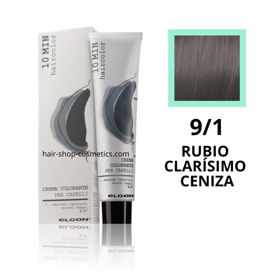 Tinte elgon profesional Haircolor Línea 10 min, Cenizas  9/1 RUBIO CLARÍSIMO CENIZA, coloración permamente 60 ml