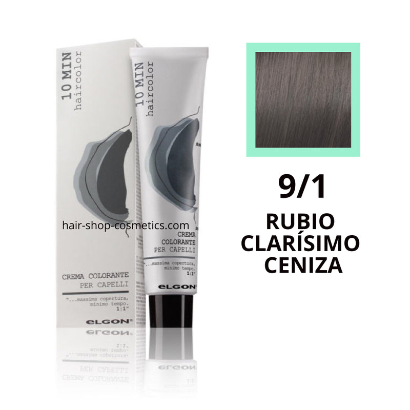 Tinte elgon profesional Haircolor Línea 10 min, Cenizas  9/1 RUBIO CLARÍSIMO CENIZA, coloración permamente 60 ml