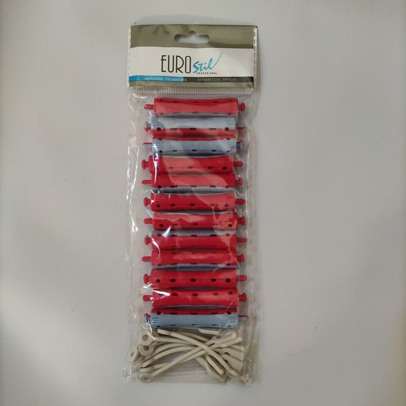 Bigudí corto de plástico 11 mm, rojo y azul, pack de 12 unidades