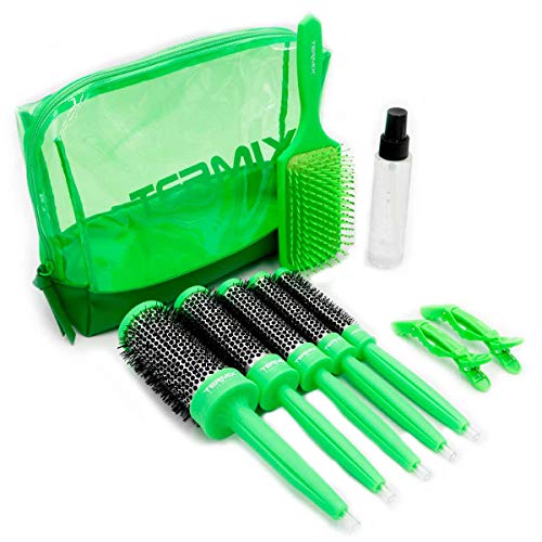 Termix Pack Brushing en 3 Pasos. Incluye 5 Cepillos De Pelo Termix, Sérum Para Las Puntas Abiertas, Cepillo de Pelo Paddle para Desenredar y 2 Pinzas De Pelo. Color Verde Flúor. Disponible 3 Colores