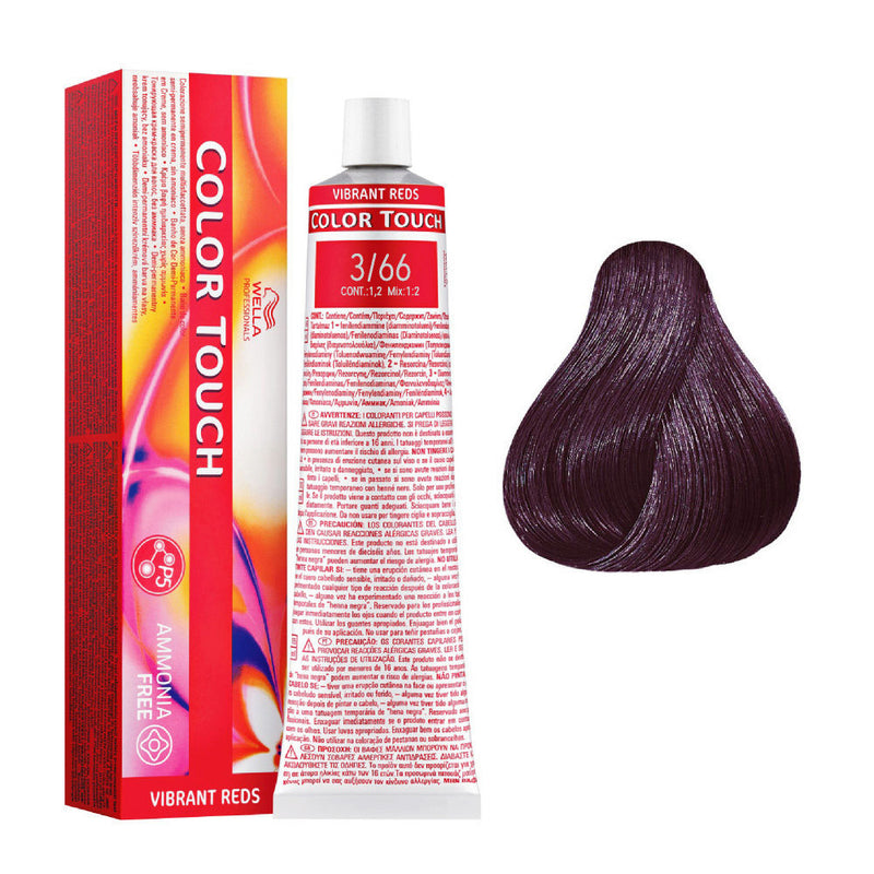 Tintes Wella sin amoniaco, color touch tinte semipermanente para el pelo, Vibrant Reds 3/66 60ml