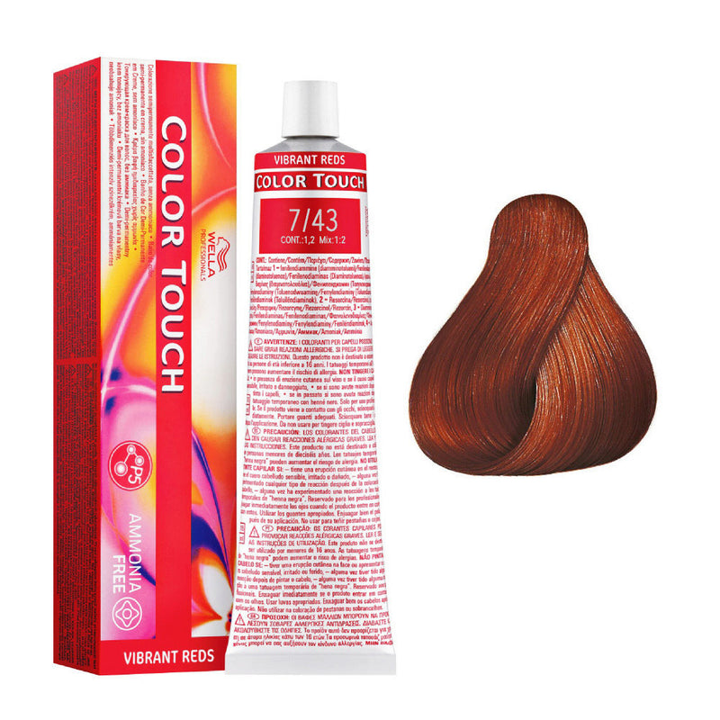 Tintes Wella sin amoniaco, color touch tinte semipermanente para el pelo, Vibrant Reds 7/43 60ml