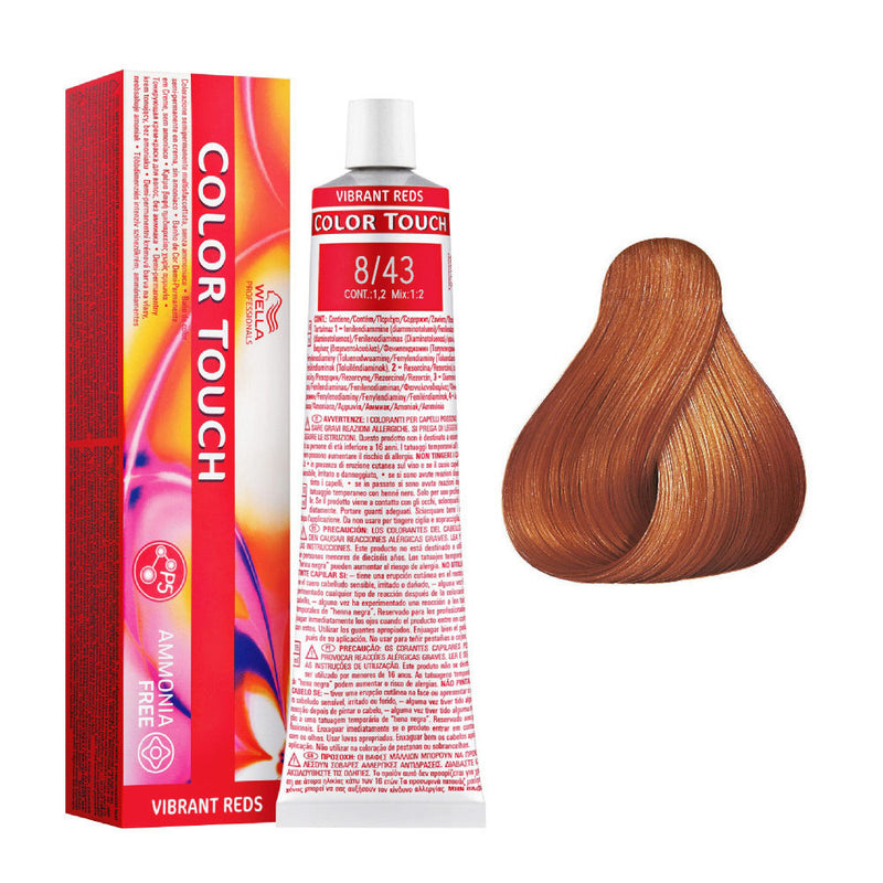 Tintes Wella sin amoniaco, color touch tinte semipermanente para el pelo, Vibrant Reds 8/43 60ml