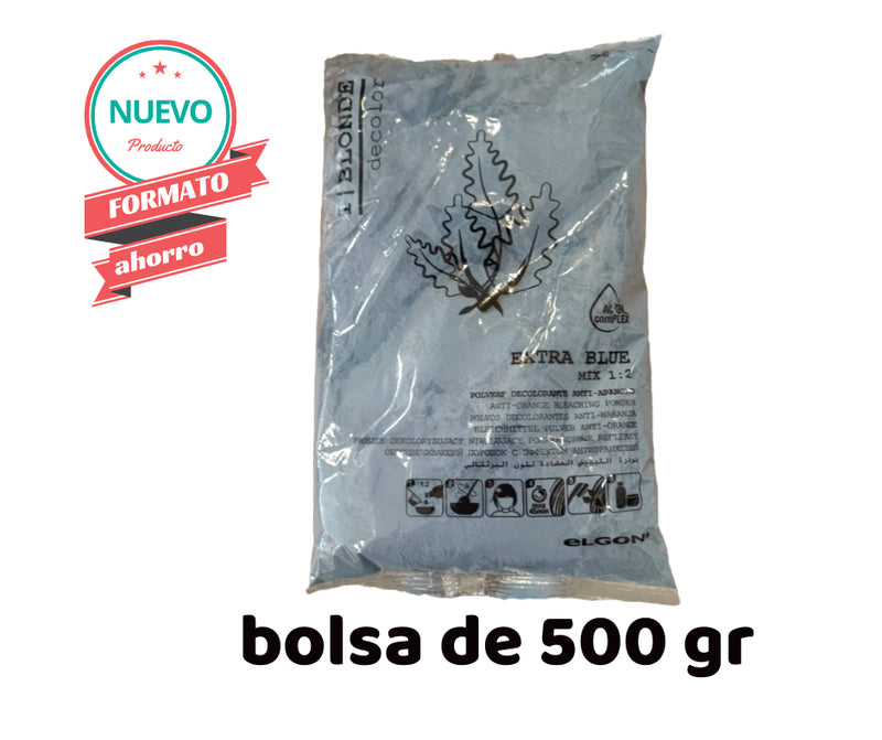 Polvo decolorante Extra blue de elgon, bolsa 500 gr, hasta 7 tonos