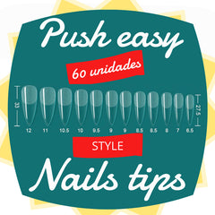 Tips uña completa acrílica transparente técnica "Push easy" nail tips 60 unidades