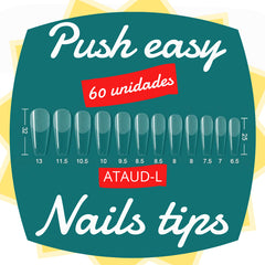 Tips uña completa acrílica transparente técnica "Push easy" nail tips 60 unidades