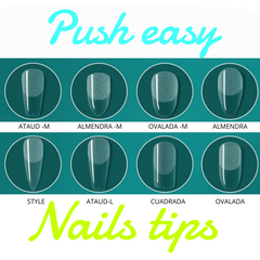 Tips uña completa acrílica transparente técnica "Push easy" nail tips 60 unidades