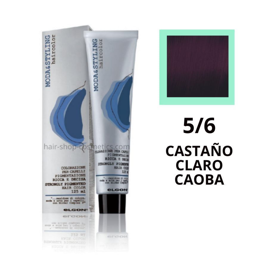Tinte castaño Caoba y violetas, Número 5/6 CASTAÑO CLARO CAOBA, tinte de pelo elgon profesional moda styling,  125 ml