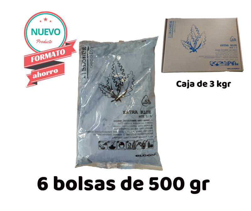 Polvo decolorante Extra blue de elgon, formato ahorro caja de 3 kgr, hasta 7 tonos